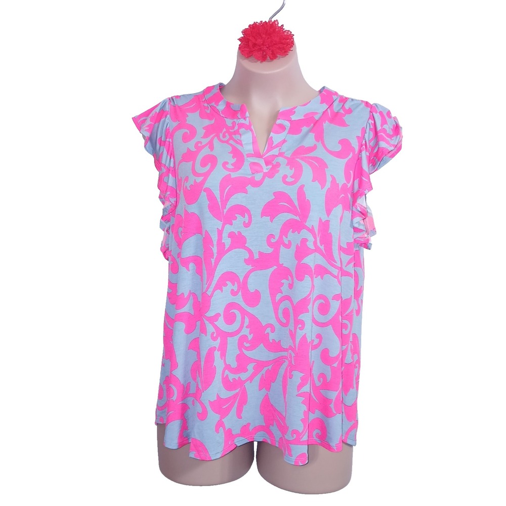 Dear Scarlett Lizzy Women Wrinkle Free Top 3X Hot Pink Lavender Scroll Flutter